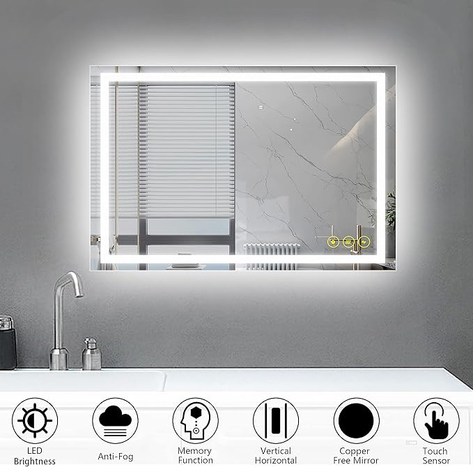 Wall-Mounted LED Square Bathroom Mirror, Makeup Mirror (36 inches x 24 inches,) 3 Color Stepless Dimmable Memory Bathroom Vanity Mirror with Lights CRI90+ 3000-6400K Smart Mirror with Touch