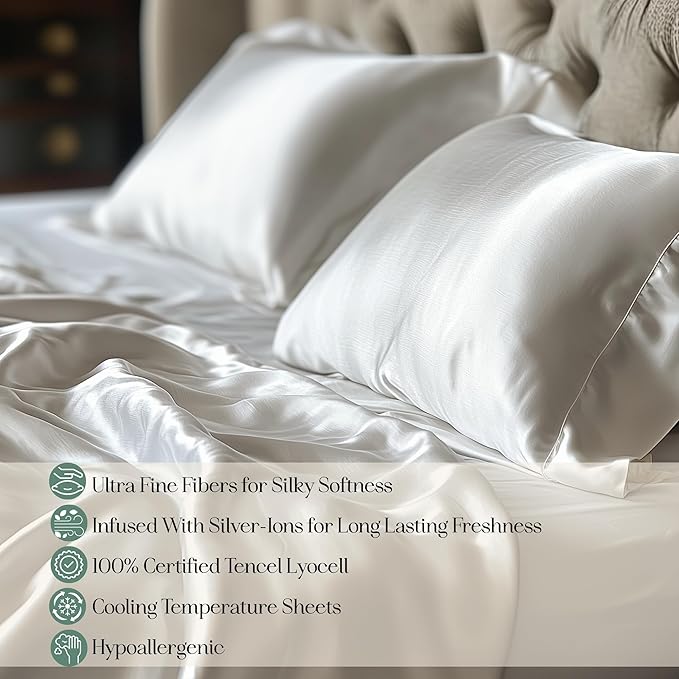 CASILVA Eucalyptus Sheets - Infused with Silver for Anti-Odor, Softer Than Silk Fibers, More Cooling Than Cotton - Perfect for Hot Sleepers & Sensitive Skin - 100% Tencel Lyocell - Queen Sheet Set