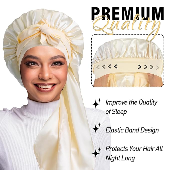 2Pcs Bonnets for Black Women Braid Bonnet, Large Long Satin Bonnet for Braids, Silk Bonnet with Stretchy Tie Band Sleep Cap Hair (2Pcs-Black&Gold)