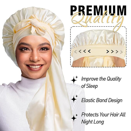 2Pcs Bonnets for Black Women Braid Bonnet, Large Long Satin Bonnet for Braids, Silk Bonnet with Stretchy Tie Band Sleep Cap Hair (2Pcs-Black&Gold)