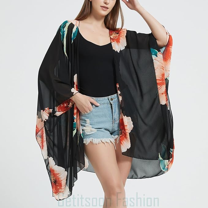 Women's Bohemian Floral Chiffon Beach Cover up Swimsuit Kimono Summer Swimwear Cardigans