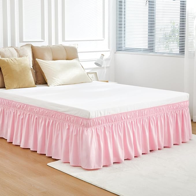 RIMELA Pink Bed Skirt King Size 15 Inch Drop, Elastic Bed Skirting for Bed Base and Frame, Bedding Dust Ruffle Easy to Install, Lightweight Comforter Set with Wrap Around Adjustable Bedskirt