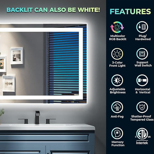 65x36 Inch RGB LED Bathroom Mirror Front Light and RGB Backlit Lighted Vanity Mirror for Bathroom Wall Mounted Dimmable Anti Fog Memory Shatter-Proof IP54 Waterproof Horizontal/Vertical