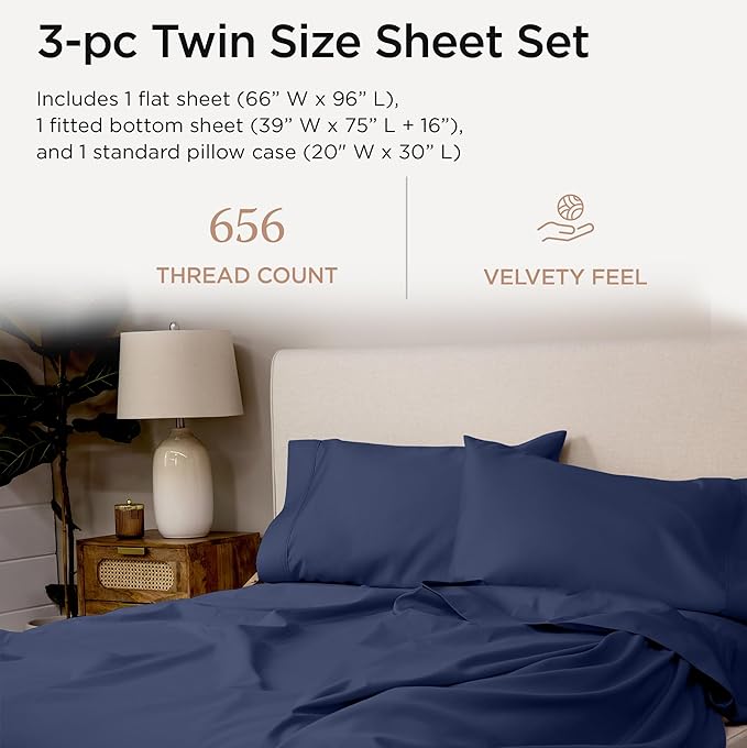 Threadmill Twin Sheet Set |656 Thread Count 100% Supima Cotton Sheets for Twin Mattress |Solid Sateen Twin Bed Sheets Set | 16” Deep Pocket | Soft Breathable 3-Piece Cooling Sheet Set | Folkstone Blue