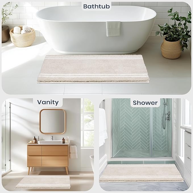 PURRUGS Bathroom Rug Non-Slip Machine Washable 24" x 60", Super Absorbent and Quick Dry Shaggy Microfiber Bath Mat, Extra Soft and Plush Bath Rug for Bathtub, Shower and Sink, Beige