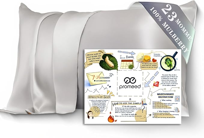 PROMEED 100% Mulberry Silk Pillowcase for Hair and Skin with Zipper, 23 Momme, Both Sides Pure Silk Pillow Case, Grade 6A+ Real Silk Case (Standard 20"x26", Light Grey)