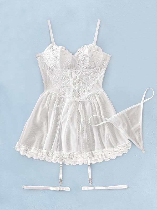 Lilosy Sexy Garter Belt Mesh Lace Babydoll Lingerie Dress Set with Thong