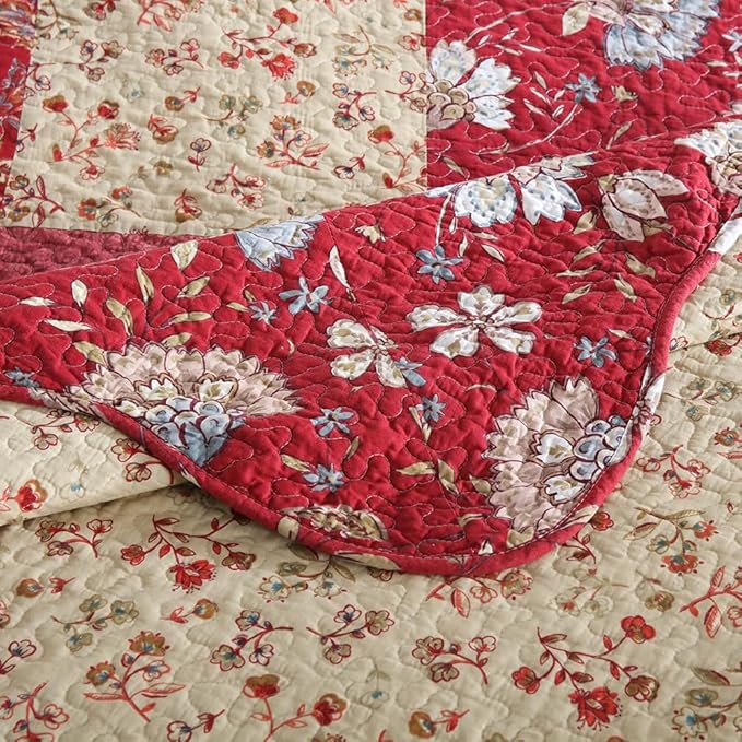 Cotton Bedspread Quilt Bedding Sets 3 Pieces Reversible Coverlet Sets Comforters Vintage Floral Patchwork Purple Red Bedspread, Queen Size