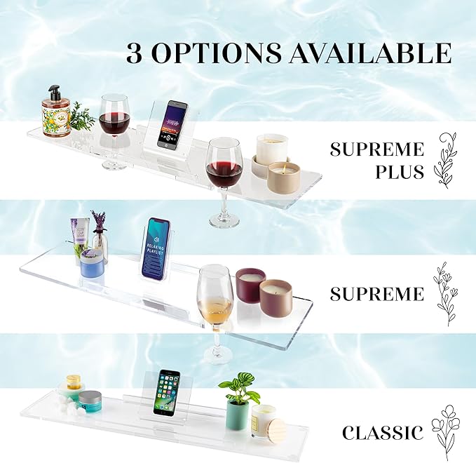 42" Supreme Plus- Luxury Bathtub Caddy - 3/8" Thick, Clear Bath Tub Tray Table for 1 or 2 Bathers, Acrylic Bath Tray Bathtub Caddy, Book, iPad and 2 Wine Glass Holders (42")