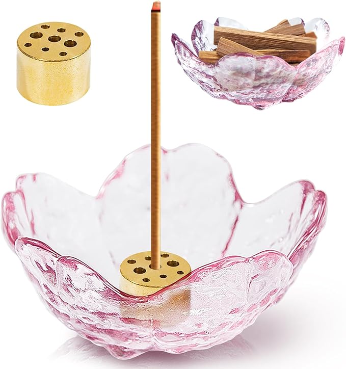 Incense Burner, Incense Holder for Backflow and Sticks Handmade Glass Cherry Blossom Incense Stick Holder with 9 Incense Holes Incense Burner Ash Catcher,for Meditation,Home Decor (NO with Gilt-Edged)