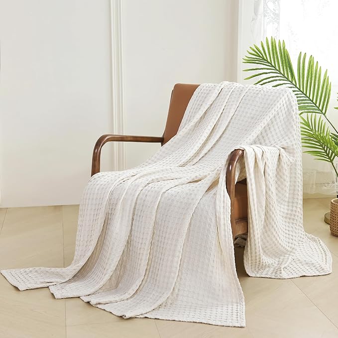 Aganear Waffle Blanket - Lightweight Breathable Summer Blanket of 50% Cotton and 50% Rayon Derived from Bamboo for Hot Sleepers Luxury Throws for Bed, Couch and Sofa,Beige,50x70 Inches