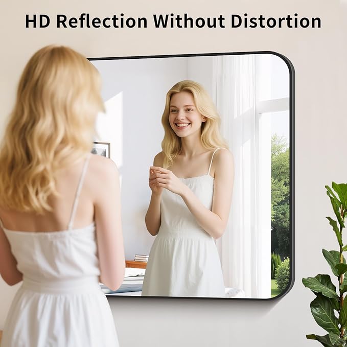 Koonmi Black Framed Bathroom Mirror - 36x36 Inch Shatterproof Tempered Glass Vanity Mirror for Bathroom Sink, Wall Mounted with Matte Aluminum Alloy Frame, No Distortion, Modern Decor