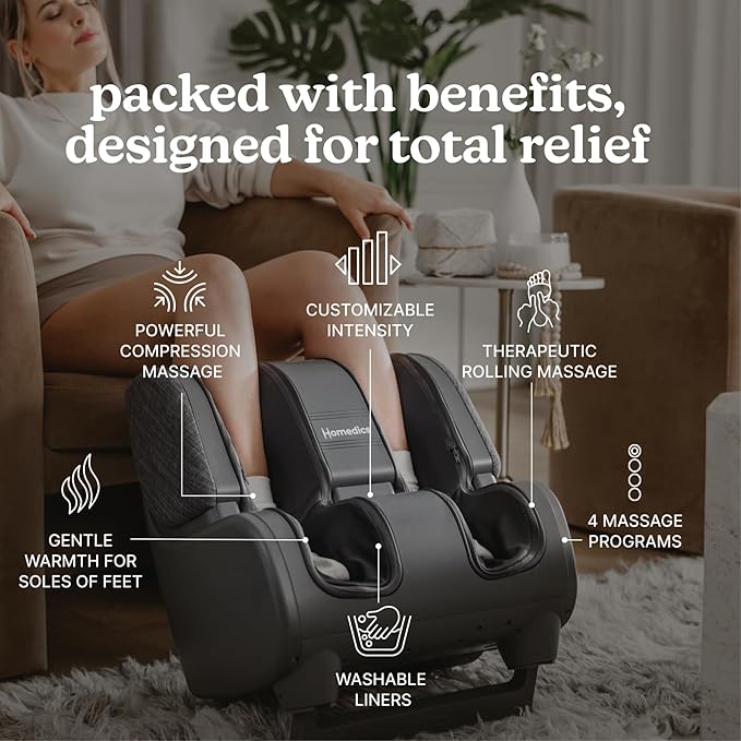 Homedics Deluxe Foot Massager & Calf Massager with Gentle Warmth, Rolling & Compression Massage, Adjustable Tilt, Washable Liners, 4 Programs, 3 Intensity for Muscle Relief and Post-Workout Recovery