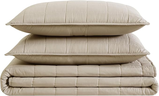 London Fog Garment Washed Solid Quilt Set Khaki Microfiber 3-Piece King Quilt Set, Solid Themed, Adult and Teen, Oeko-TEX Certified
