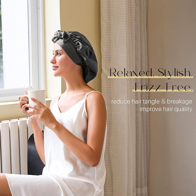 ZIMASILK 100% Mulberry Silk Bonnet for Sleeping Women Long Hair Double Layer Silk Hair Wrap with Tie Band Stay On Head (1Pc, Dark Grey)