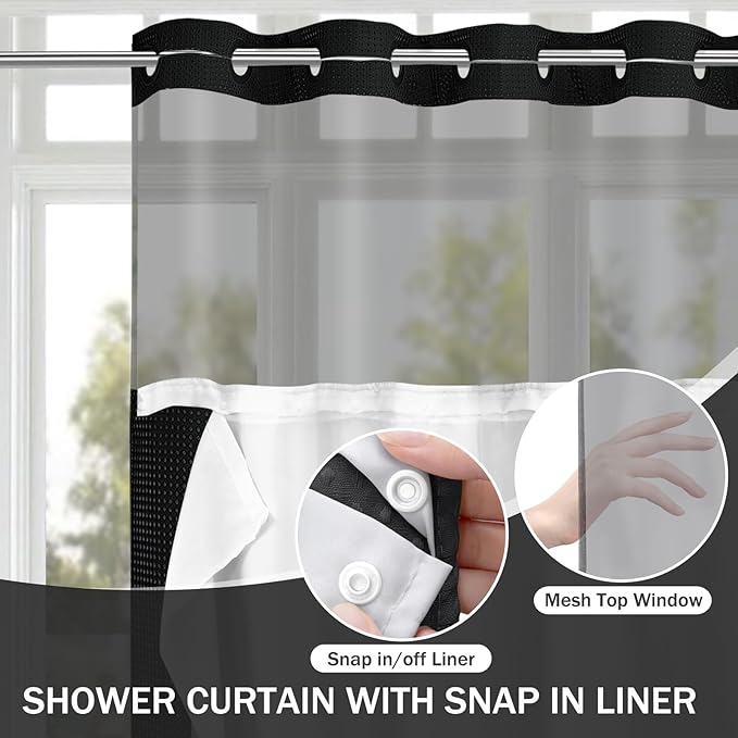 YellyHommy No Hook Shower Curtain with Snap in Liner Set Less Time Black Waffle Shower Curtain for Bathroom 87" L x 72" W