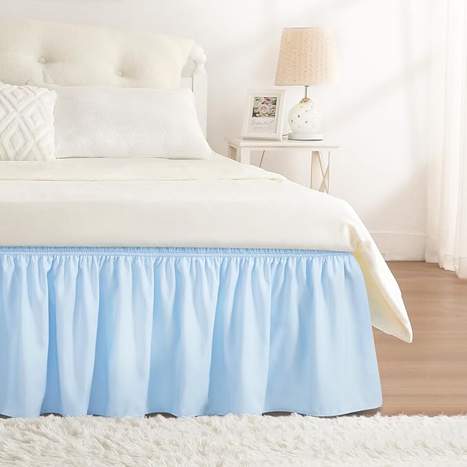 RIMELA Light Blue Bed Skirt King Size 15 Inch Drop, Elastic Bed Skirting for Bed Base and Frame, Bedding Dust Ruffle Easy to Install, Lightweight Wrap Around Adjustable Bedskirt