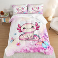 Cartoon Axolotl Comforter Kids Bedding Set,Axolotl Flower Butterfly Bedding Twin Size for Boys Girls Room Kawaii Decor,Pink Toddler Comforter Sets with 2 Pillowcases.
