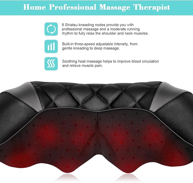 Shiatsu Neck and Back Massager with Heat, Electric Deep Tissue 4D Kneading Massage Pillow for Shoulder, Leg, Body Muscle Pain Relief - Best Gifts for Women Men Mom Dad (Black Grey)