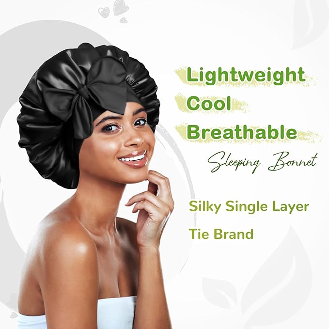 BONNET QUEEN Silk Bonnet for Sleeping Women Satin Bonnet Night Sleep Cap Wrap for Curly Hair with Adjustable Tie Band, Single Layer, Small, Black