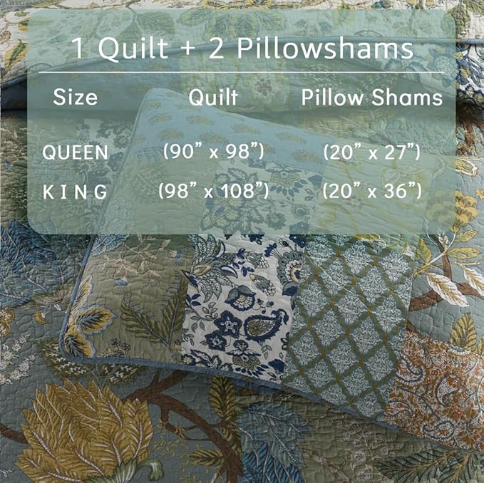 Cotton Bedspread Quilt Bedding Sets 3 Pieces Reversible Coverlet Sets Comforters Rustic Paisley Floral Patchwork Sage Green Bedspread, Queen Size