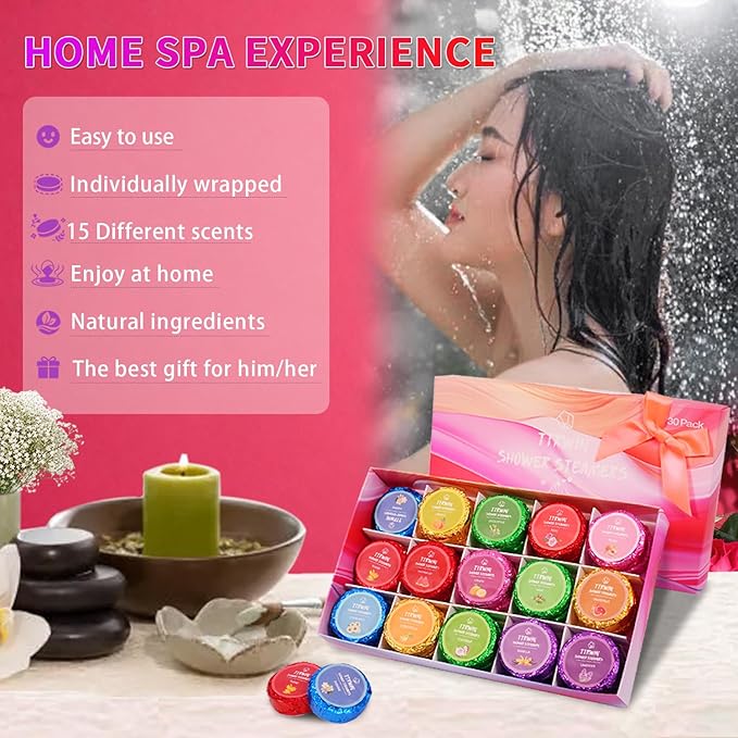 Shower Steamers Aromatherapy 30 Pack Shower Bombs with Natural Essential Oils, Home SPA Stress Relief Christmas Stocking Stuffers Birthday Gifts for Women Mom Men Self Care Relaxation