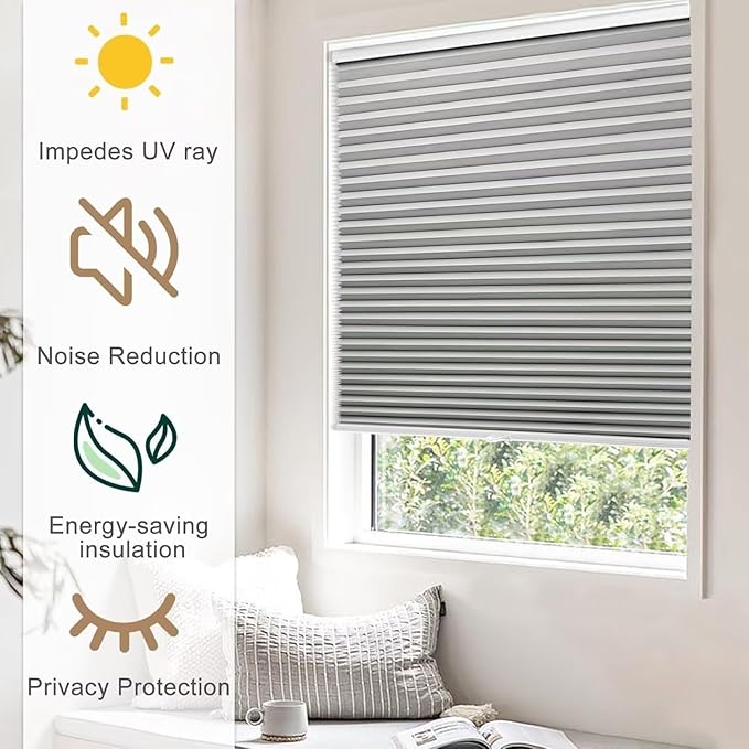 MYshade 1.5-Inch Cellular Cordless Blackout Shades,Thermal Insulating Noise Reducing Waterproof Blinds,Honeycomb Window Treatments for Indoor Light Control (Grey-38 W x 64" H)