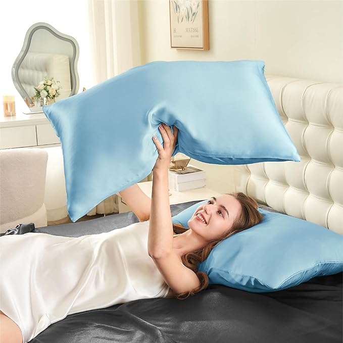 INFIIXSO Mulberry Silk Pillowcase for Hair and Skin, Silk Pillow Cases King Size with Hidden Zipper 20x40 Inches, Super Smooth and Soft Cooling Pillow Cases for Hot Sleepers(Light Blue, 1 Pack)