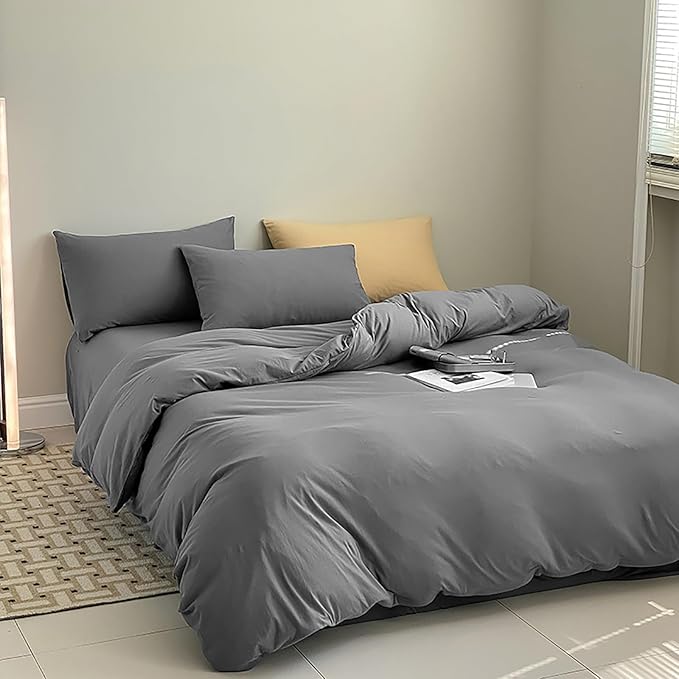 Cottonight Grey Comforter Set Twin Dark Grey Bedding Set Modern Solid Gray Blanket Quilts Modern Soft Breathable 3 Piece Comforter Set for Twin Bed Boys Kids