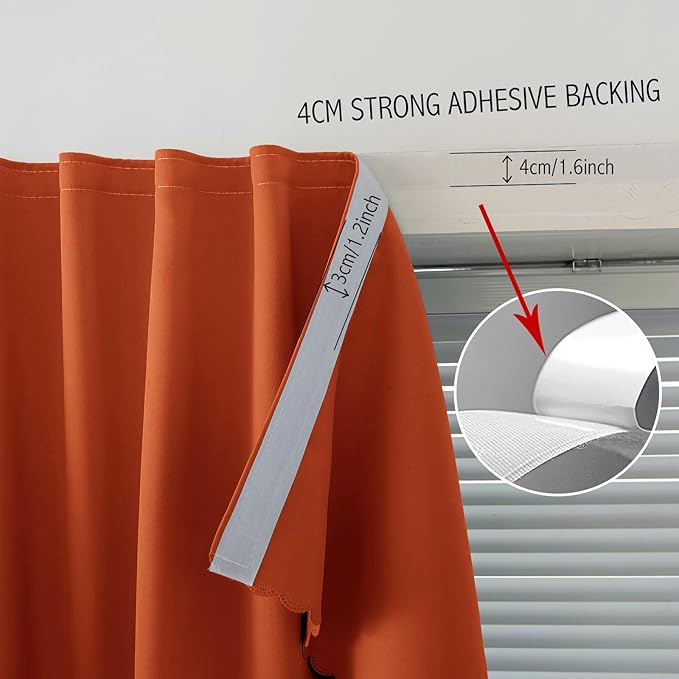 Self Adhesive Curtains Portable Blackout Curtain Simple and Easy to Install Bedroom Window Thermal Lnsulated Kitchen Room Darkening Black Small Drapes, 59" W X 59" L, Orange, 1 Panel