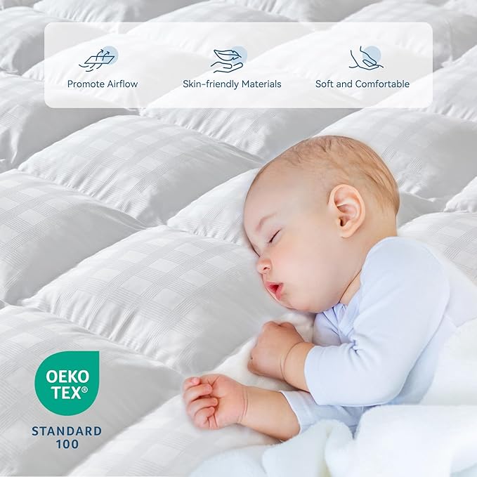 ELEMUSE Full Cooling Mattress Topper, Extra Thick 1300gsm Mattress Pad for Back Pain Relief, Plush 500TC Cotton Pillow Top with Deep Pocket, Overfilled with Mixed Advansa Down Alternative Filling