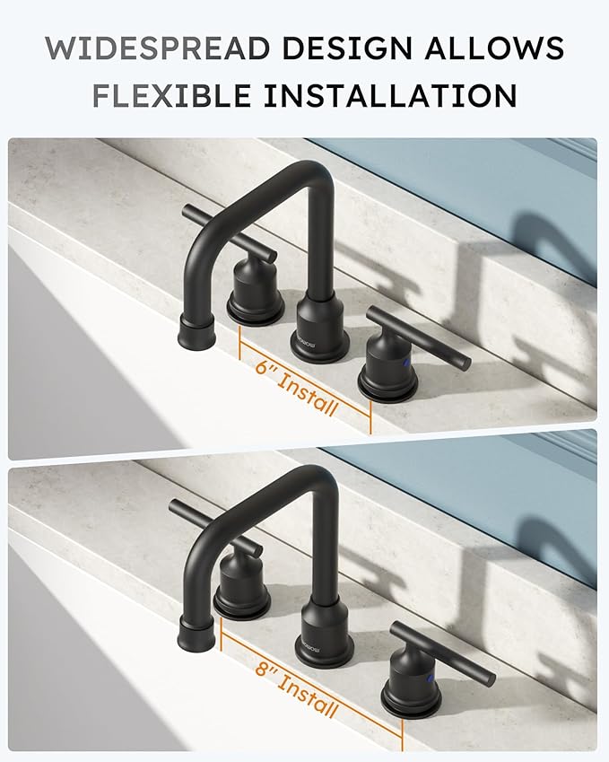 3 Hole Bathroom Faucet Black: WOWOW 8 Inch Bathroom Sink Faucet Widespread, Two Handle Vanity Taps with Pop-up Drain and Supply Lines, 360 Swivel Lavatory Tap High Arc Modern (2 Sets)