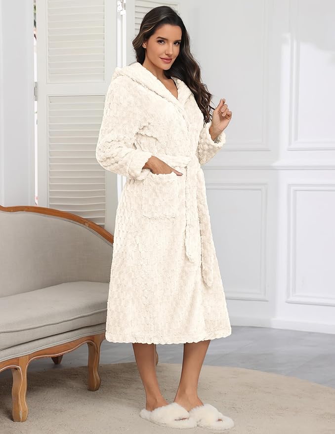 Ekouaer Womens Plush Robes Long Soft Jacquard Fluffy Bathrobe Hooded Robe Sleepwear with Pockets