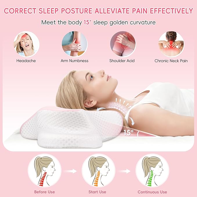 Cervical Neck Pillow for Pain Relief, Ergonomic Contour Pillow for Sleeping, 2 Heights Cooling Pillow for Neck and Shoulder Support, Memory Foam Orthopedic Pillow for Side Back Stomach Sleepers Pink