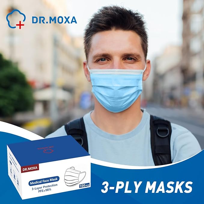 DR.MOXA 1000 Pack Disposable Medical Face Masks Breathable(10 Boxes, 100pcs/Box) 3 Ply Masks for Protection Blue
