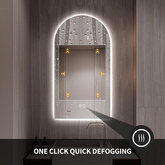Arched Shaped LED Bathroom Mirror with dimming Lighting, 24V, 3 Color temperatures, defogger, 5MM Silver Glass (40" L x 24" W)