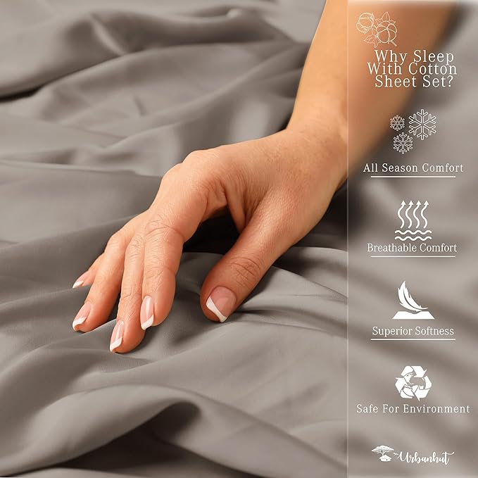 URBANHUT 1000 Thread Count Egyptian Cotton Sheets King Size, Long Staple Soft & Breathable, 4 Pc Bed Sheet Sets, Luxury Hotel Sateen Sheets Fits 16" Deep Pocket - Dark Grey