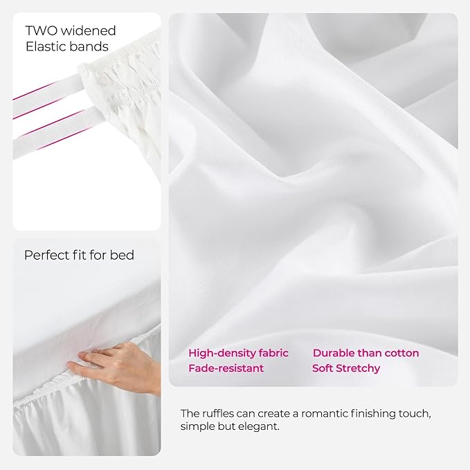 RIMELA White Bed Skirt Queen Size 16 Inch Drop, Elastic Bed Skirting for Bed Base and Frame, Bedding Dust Ruffle Easy to Install, Lightweight Wrap Around Adjustable Bedskirt