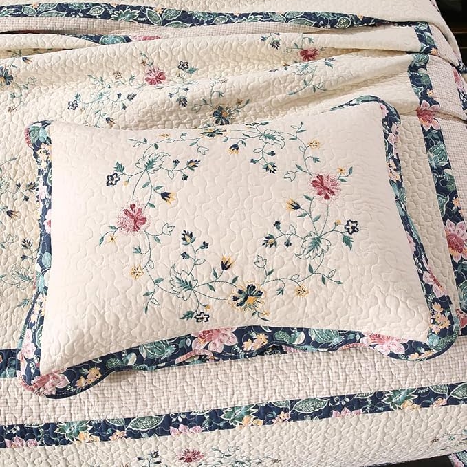 Quilt Set Floral Leaves 3D Embroidery Pattern 3 PCS Cotton Reversible Quilted Embroidered Decorative Bedspreads Coverlet Set, Lightweight &Soft Queen Size Beige Bedding Coverlet for All Season