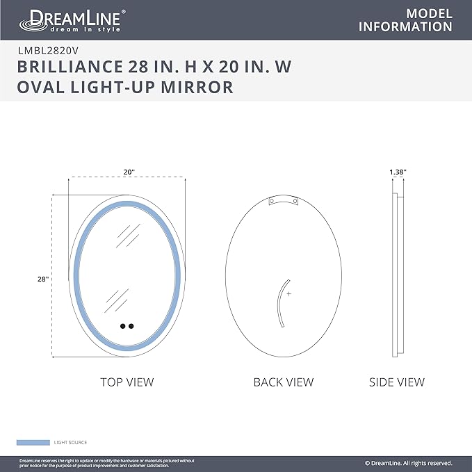 DreamLine Brilliance 28 in. H x 20 in. W Oval Light-up Mirror, Brushed Brass