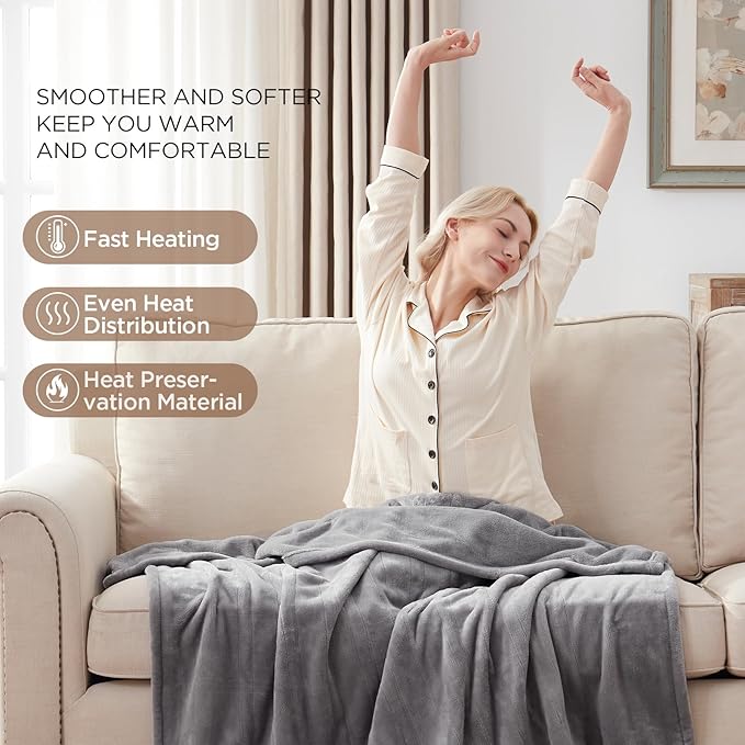 Westinghouse Heated Blanket Throw, Electric Throw with 6 Heating Levels, 2-10 Hours Time Settings, Overheat Protection, Machine Washable, Flannel (Throw, 50x60 Inches, Light Grey)