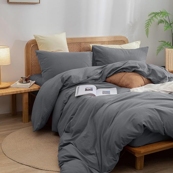 BESTOUCH Duvet Cover Set 100% Washed Cotton Linen Feel Super Soft Comfortable Chic Lightweight 3 PCs Home Bedding Set Solid Quiet Shade Grey Queen