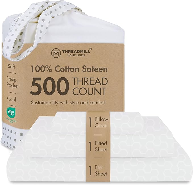 Threadmill 500 Thread Count Twin-XL Size 3 Pc Luxury Cotton Bed Sheet Set, Jacquard Floria Hotel White, Breathable Sheets with 15" Elasticized Deep Pocket, 1 Pillowcase & Free Tote Bag