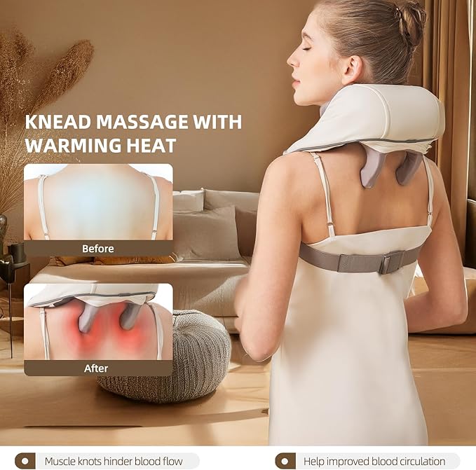 Neck Massager with Heat, Cordless Neck and Shoulder Massage, Rechargeable Shiatsu 6D Kneading Massager for Pain Relief Deep Tissue, Gift for Mom&Dad (Light Beige)
