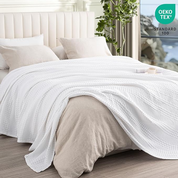 PHF Cooling Waffle Blanket Twin Size, Lightweight 60% Rayon Derived Bamboo & 40% Cotton Breathable Blanket for Hot Sleepers, Soft and Luxury for Bed Couch and Sofa, 66"x90", White