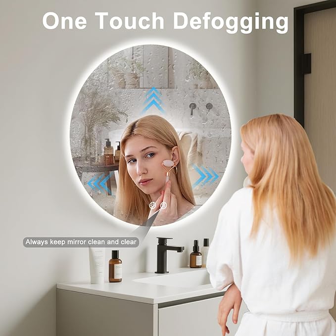 28 Inch Round LED Bathroom Mirror Backlit Anti-Fog Wall Mounted Lighted Bathroom Vanity Mirror 3 Colors Light Dimmable Smart Makeup Mirror with Touch Switch