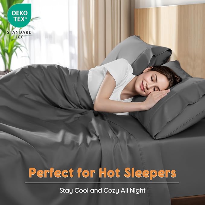LBRO2M 100% Cotton Sheets Set King Size 600 Thread Count Sheet 4 Piece Sets Bed Sheet Deep Pocket Up to 16" Soft Comfortable All Season (King, Dark Gray)