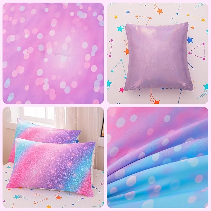 Rainbow Bedding Set Full Size – 6-Piece Reversible Girls Comforter with Deep-Pocket Sheet, Gradient Galaxy Design, Whole-Piece Filling, Machine Washable Bed-in-a-Bag for Kids Room Makeover & Gifts
