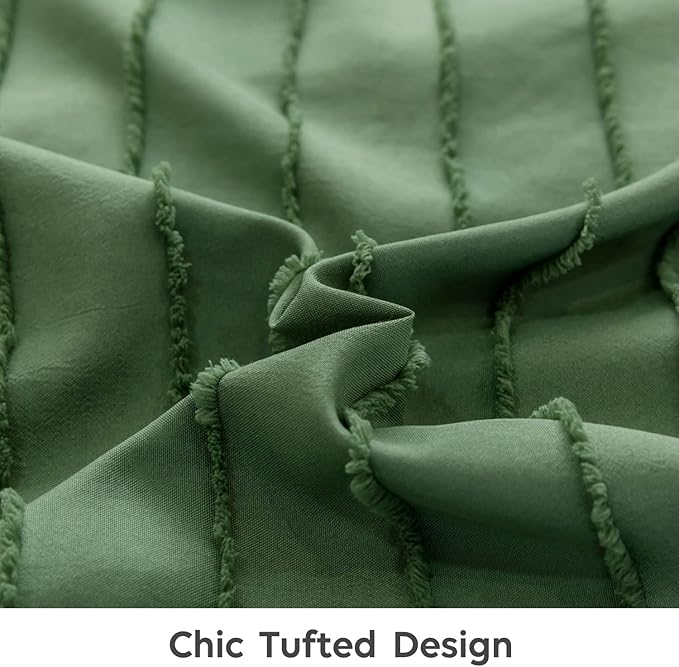 JELLYMONI Duvet Cover Queen Size Green and White - 3PCS Boho Striped Duvet Cover Set Polyester Tufted Bohemian Textured Comforter Cover with Corner Ties & Zipper Closure