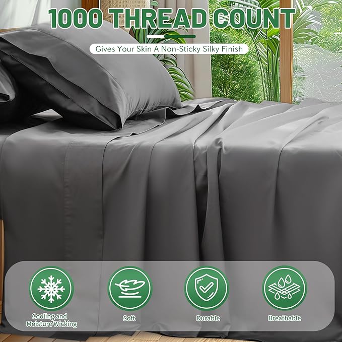 100% Egyptian Cotton Sheets King Size 1000 Thread Count Sateen Weave Soft Breathable 16-Inch Deep Pocket 4PCS（King,Dark Grey）